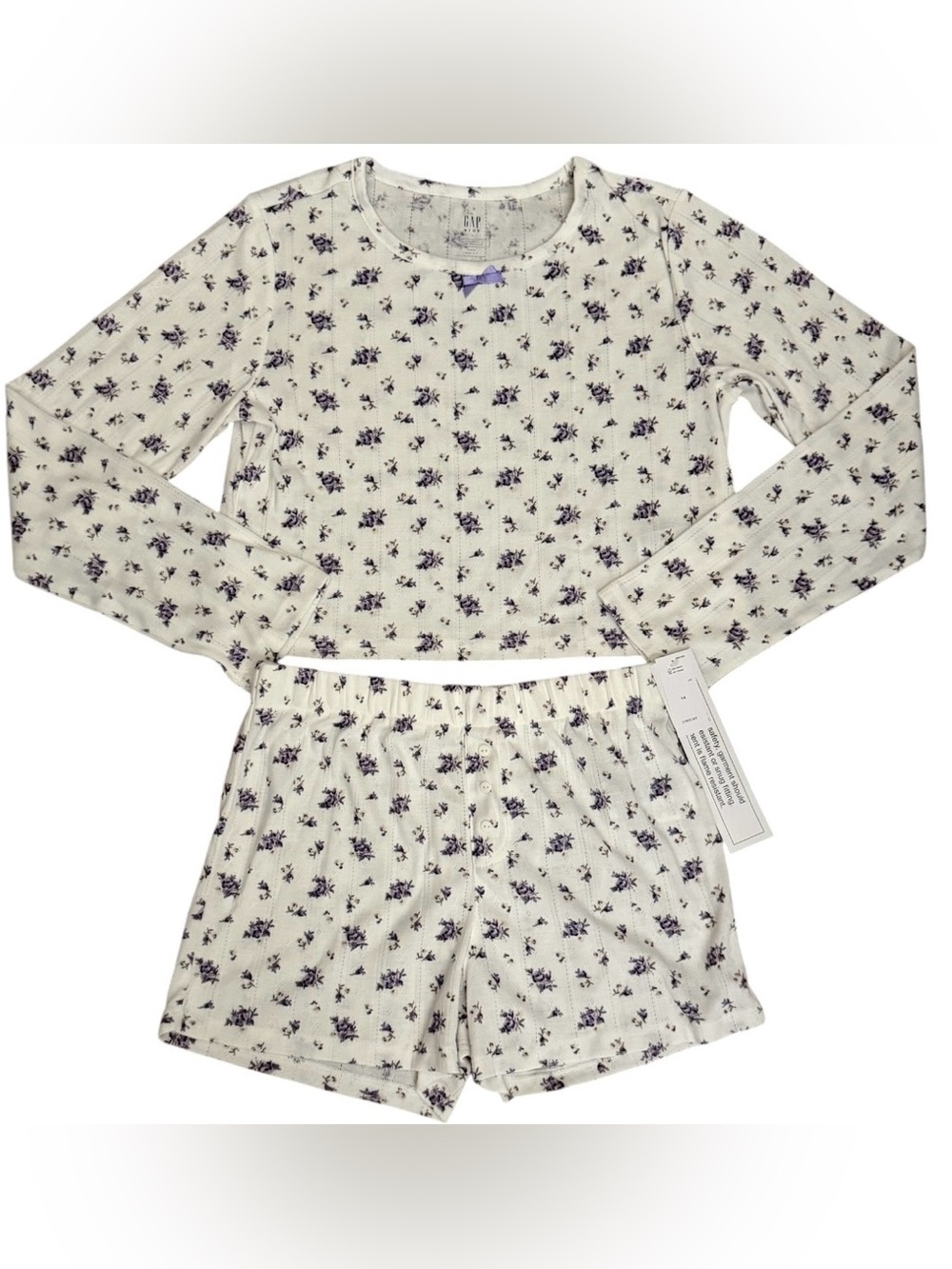 Gap Kids Recycled Pointelle PJ Short Set White with Purple Floral Print Size 14